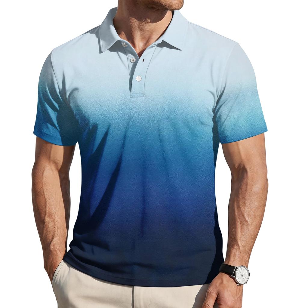 Men Loose Fit Casual Gradient Print Short Sleeve T Shirt with Turn Down Collar Comfortable Soft Fabric Stylish Design