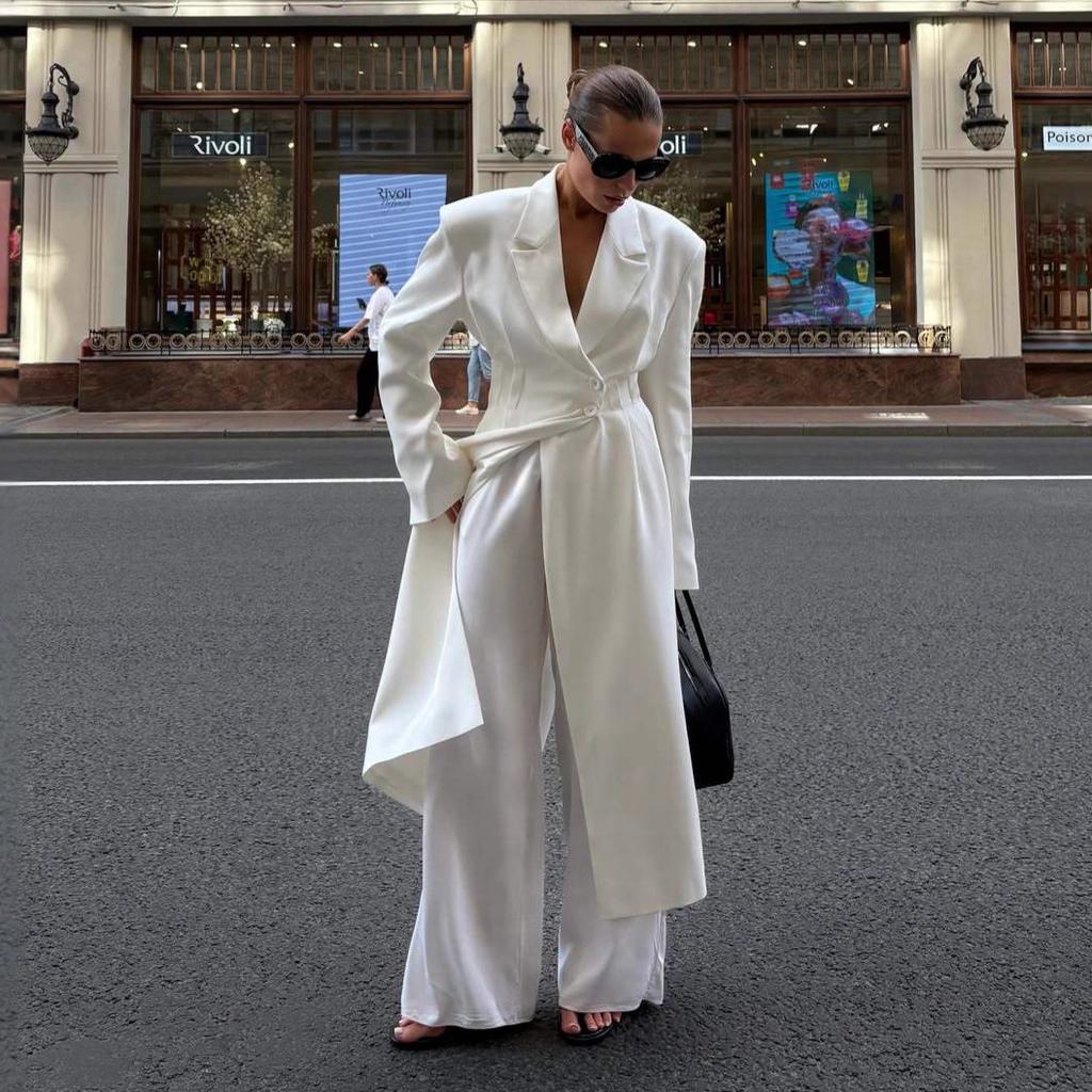 2025 Summer New Cross-border European and American Casual Workplace Elegant Long Trench Coat with Buttons, Elegant Goddess Long Sleeve and Long Pants