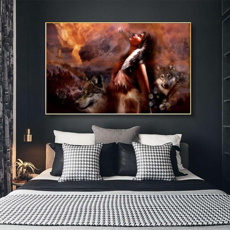 Afrikanisches Mädchen mit Wolf Ölgemälde auf Leinwand Cuadros Poster und Drucke skandinavisches Wandkunstbild Heimdekoration