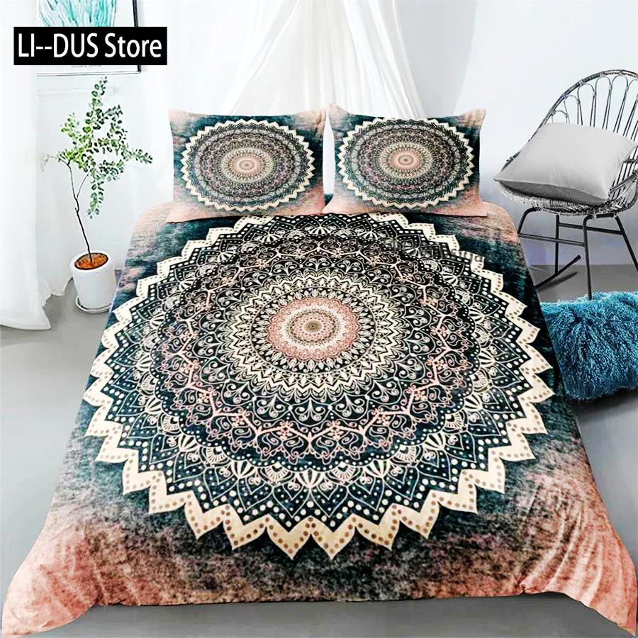 Conjunto de Capa de Edredom Mandala Roupa de Cama Boêmia Azul Rosa Elegante Boêmio Romântico King Poliéster Capa de Edredom Capa de Edredom Fronha