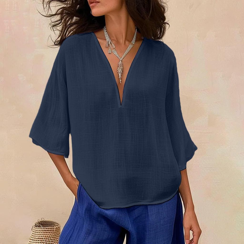 Women's Color Loose Casual Cotton Linen V-neck Fashionable Mid Sleeved Shirt Top