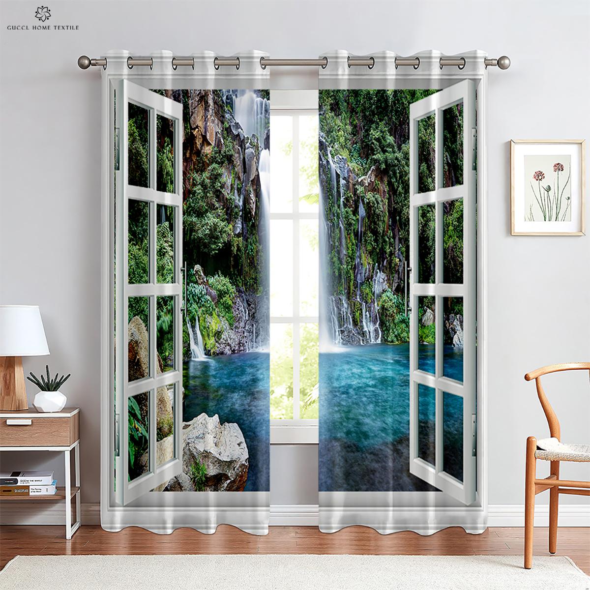 

Real Effect 3D Printed Drapes, Curtains with Seaside Scenery, Blue Sky Pattern, Outside the Window Window Decoration W50xH130(CM)x2PCS&Grommet Top