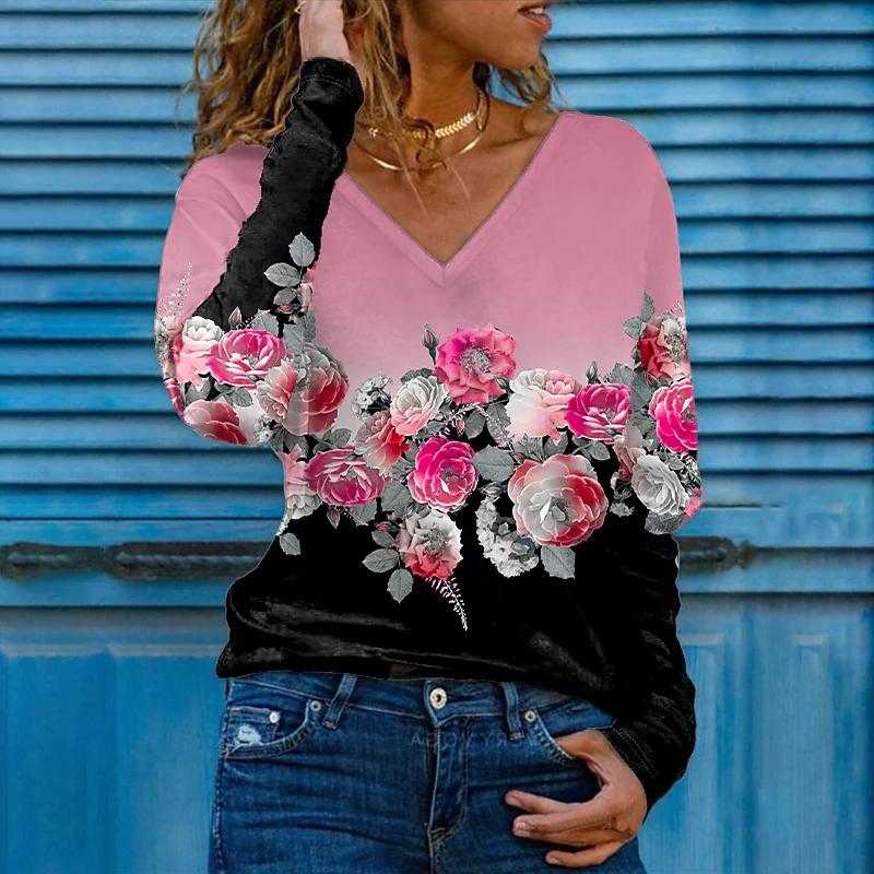 Градиентный розовый принт женские футболки женские топы с длинным рукавом V-образный — фото 6