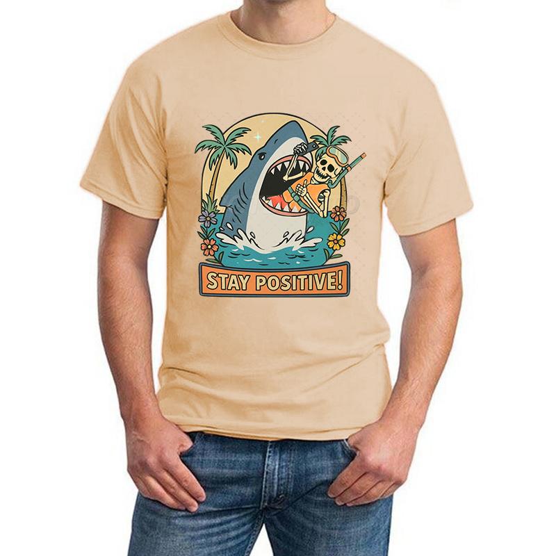 Stay Positive Shark Skeleton Funny T Shirts for Men New Design Fashion Summer Tops Positive Vibes Funny Skeleton T-shirt Women