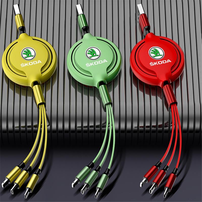 1Pcs Car Mounted Telescopic Three In One Mobile Phone Charger For Skoda Octavia Superb Rapid Kodiaq Karoq Fabia Kamiq Roomster Citigo
