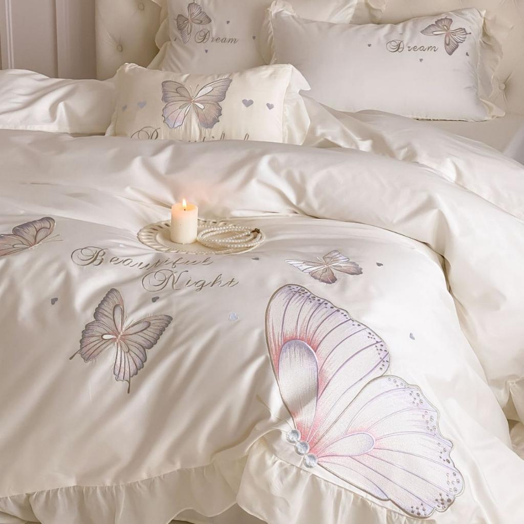 Lace Cotton Bedding Four-piece Set Princess Wind Butterfly Embroidery Skin-friendly Breathable Bed Sheet Quilt Cover Pillowcase Set