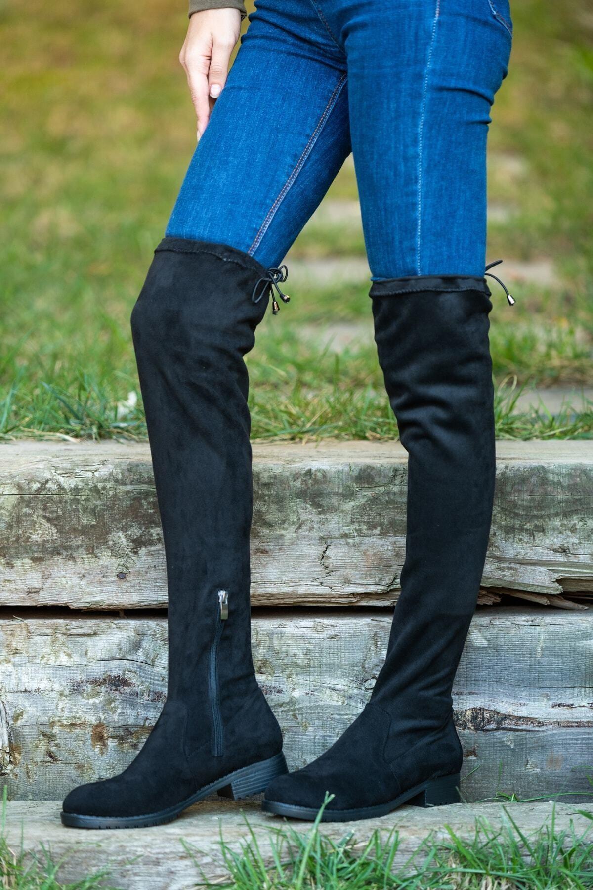 

Женские модные черные замшевые длинные эластичные ботинки