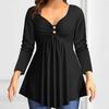 Women's V Neck Long Sleeve Tunic Top Loose Fit Plus Size Solid Ruched Button Detail Flared Hem Casual Blouse