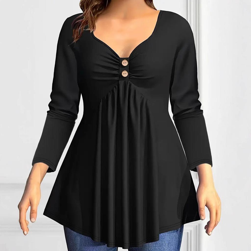 Women's V Neck Long Sleeve Tunic Top Loose Fit Plus Size Solid Ruched Button Detail Flared Hem Casual Blouse