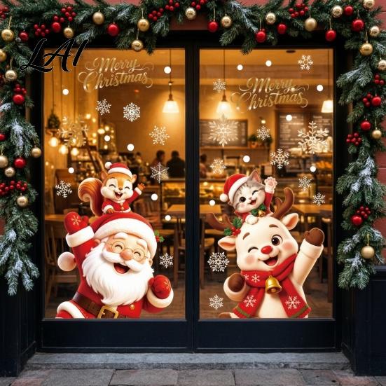 Holiday Glass Decals 2Pcs Christmas Window Clings Santa Claus Elk Static Decals Festive Shop Supplies Removable Cute Cartoon Stickers for Home Doors