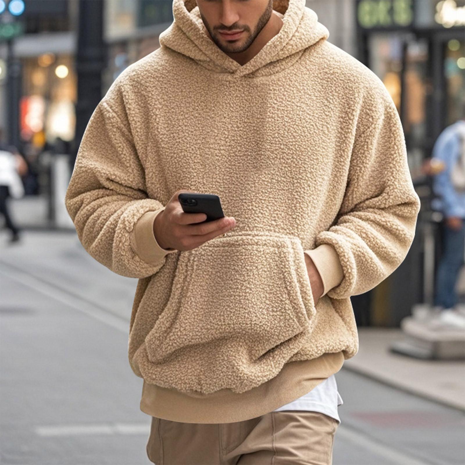 

Флисовая толстовка мужская пушистая толстовка пуловер толстовки карманная толстовка осенние наряды зимняя верхняя одежда с капюшоном XXL хаки