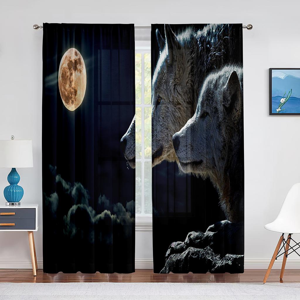 Wolf Sheer Voile Curtain Ice Fire Wolves Look At Each Other Window Tulle Curtains for Living Room Bedroom Kitchen Decor Drapes