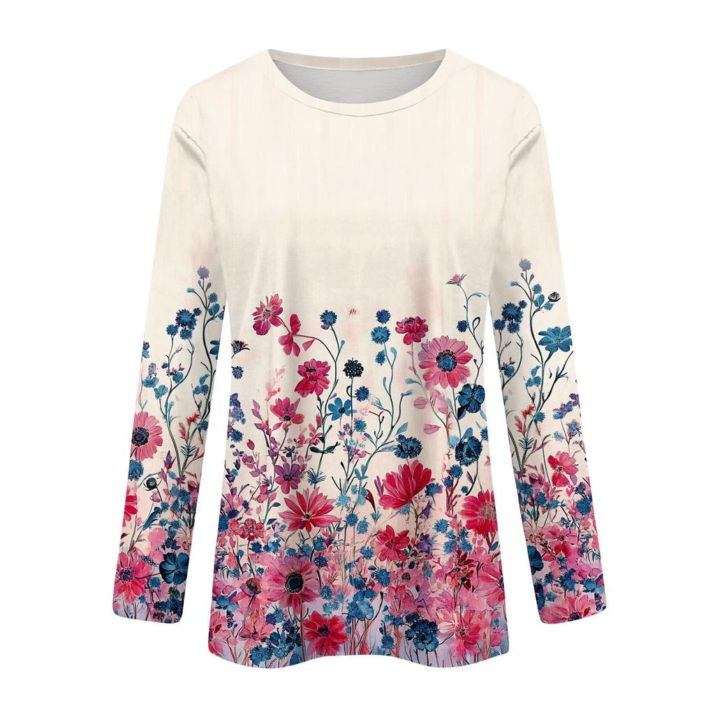 Koszule damskie z długim rękawem Śliczne nadruki Koszulki z nadrukami Bluzki Casual Plus Size Podstawowe topy Pulowery