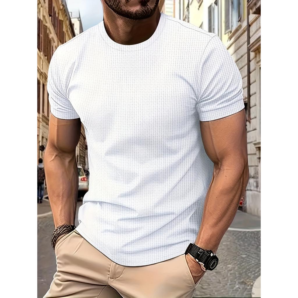 Maglietta Da Uomo Traspirante In Maglia Waffle A Manica Corta, TopTinta Unita, Vestibilità Regolare,  T-shirt Atletica