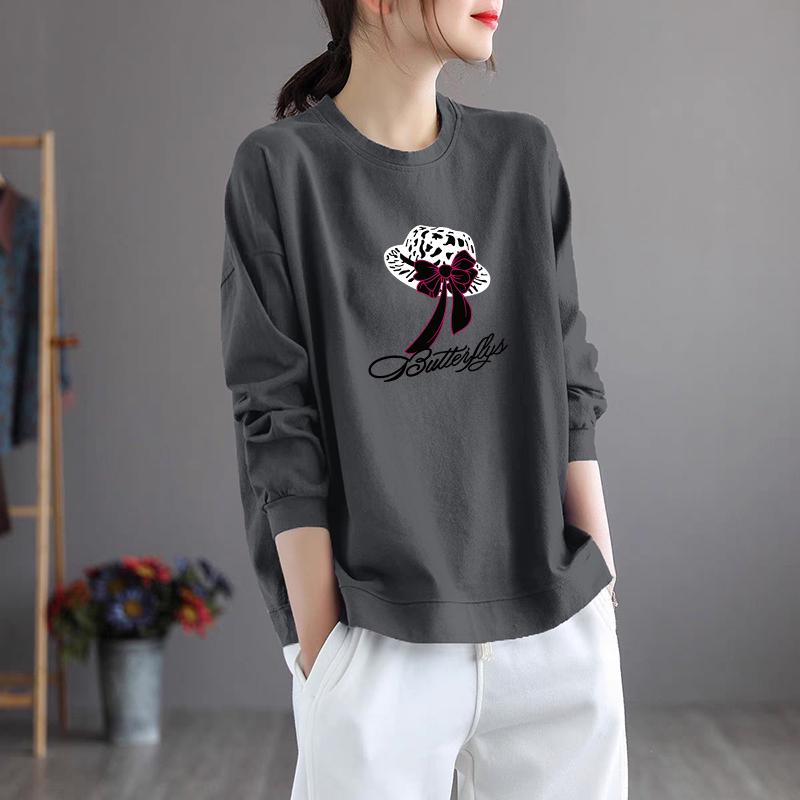 Brand Women's Plus Size Long Sleeve Printed Cotton Top – Round Neck, Casual Style