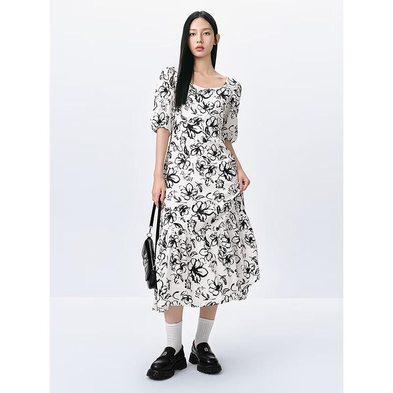 Elegant French Square Neck Printed Puff Sleeve Midi Dress M