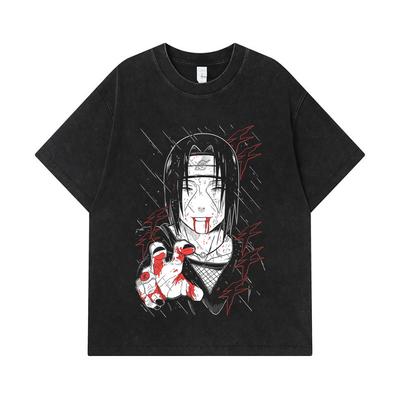 Camisetas Lavadas de 275 GSM 100% Algodón Naruto V4 Estampado de Itachi Unisex Camiseta Pesada de Algodón