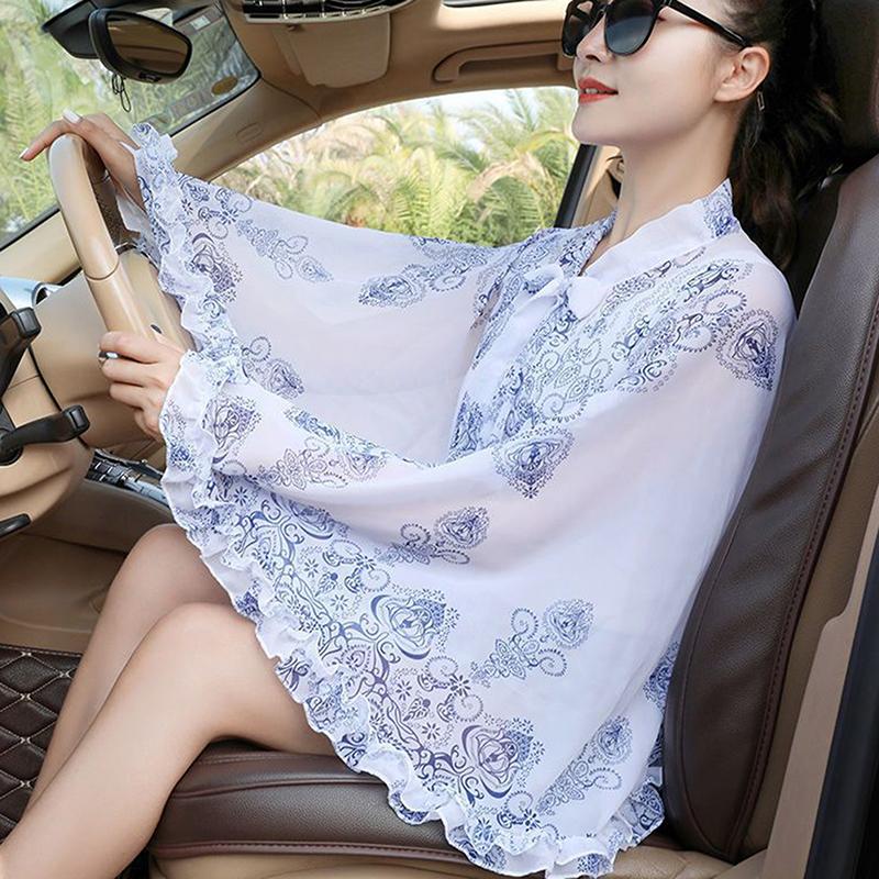 Thin Print Sunscreen Shawl Women Summer Uv Protection Riding Sunscreen Cloak Lady Poncho Capes Black