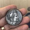 Antique Style Silver Plated Brass Coin Replica Featuring Owl and Ancient Symbols with Detailed Engraving and Vintage Finish Collectible