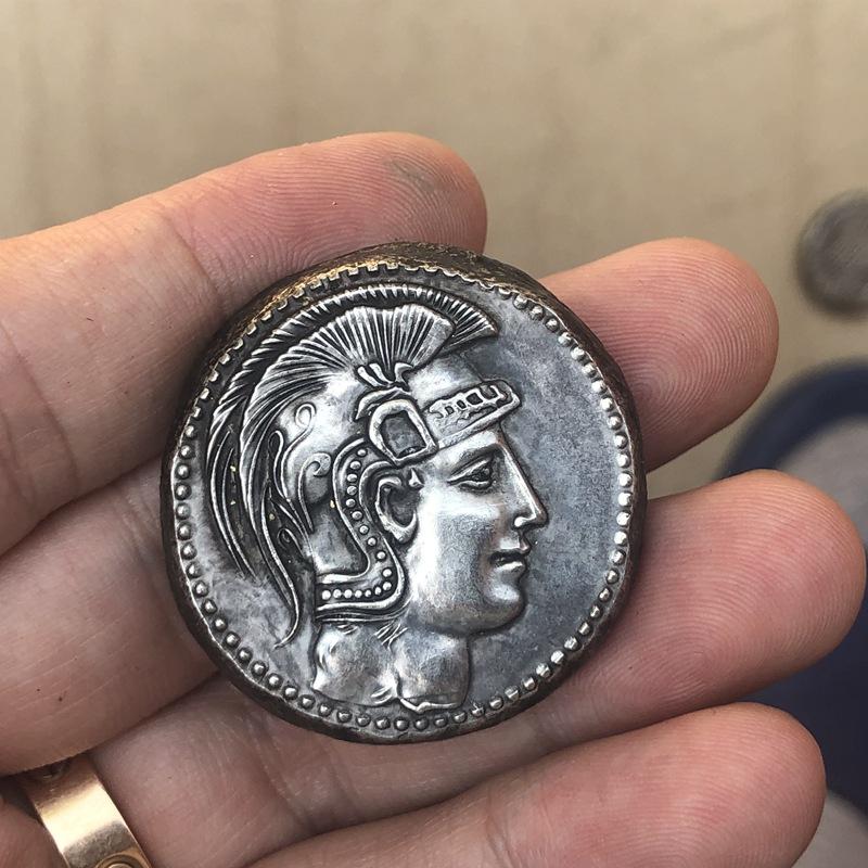 Antique Style Silver Plated Brass Coin Replica Featuring Owl and Ancient Symbols with Detailed Engraving and Vintage Finish Collectible