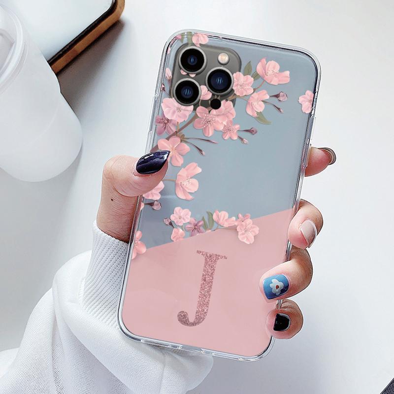 Flowers Letter Case For iphone 12 Pro Max 12 Capa Clear Soft Silicone Covers For iphone 12 Fundas Alphabet Transparent Bags