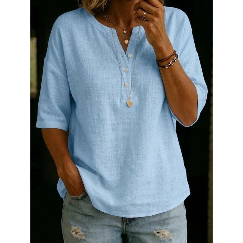 QICED Women's Fashion Casual Solid Color Print V-Neck 1/2 Sleeves Blouses & Shirts