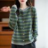 2025 Fall/Winter Women's Loose Knit Cardigan with Raccoon Fur Trim, Soft Color Block, Round Neck, Slimming Fit