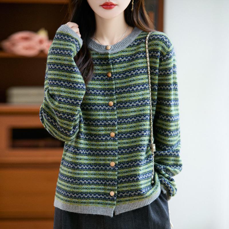 2025 Fall/Winter Women's Loose Knit Cardigan with Raccoon Fur Trim, Soft Color Block, Round Neck, Slimming Fit