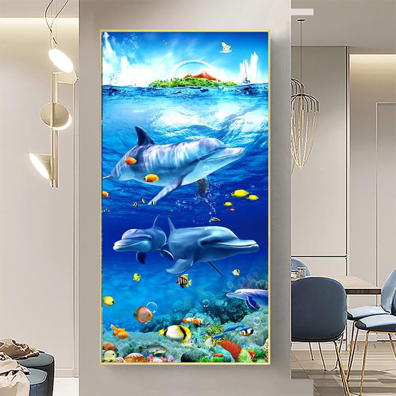 

Плакаты и принты с изображением подводного мира, картины на холсте, картины с дельфинами и рыбами, настенное искусство для гостиной, домашний декор, без рамки 70x140cm No Frame