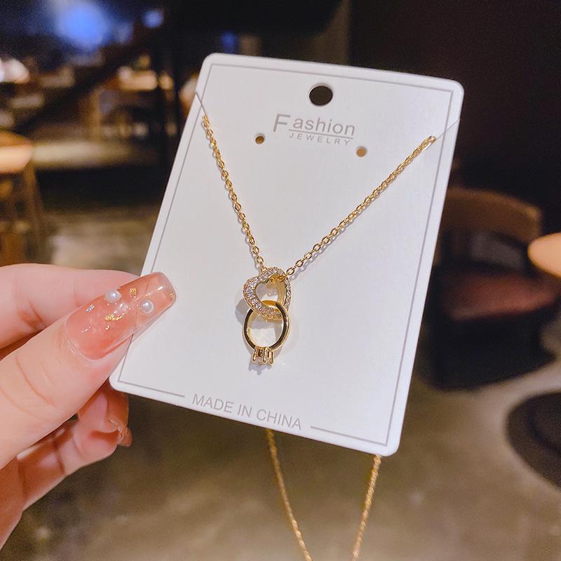 14K Gold Double Ring Necklace with Rhinestones - 2022 Light Luxury Collection