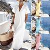 Women Casual Vacation V Neck Short Sleeve Solid Color Loose Maxi Dress