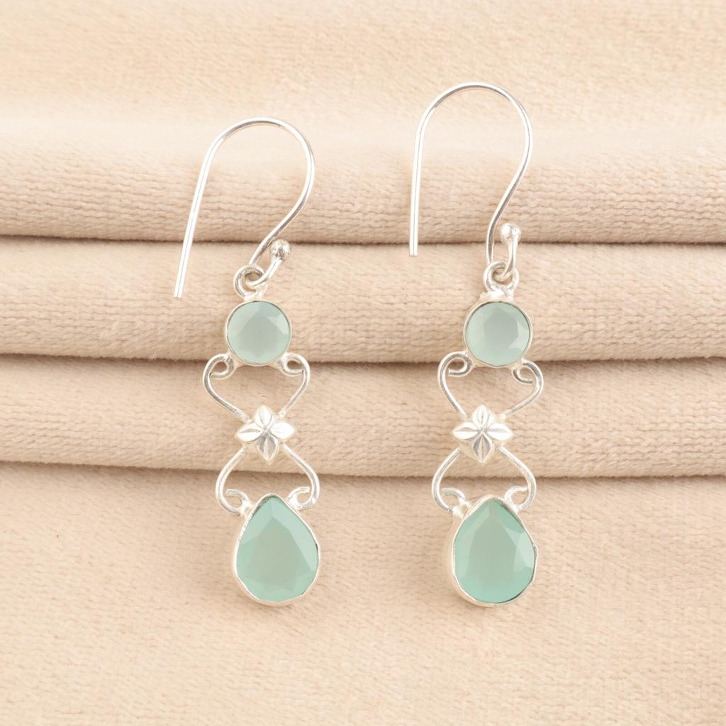 Natural Aqua Chalcedony Gemstone 925 Stamped Silver Jewelry Handmade Earrings 2" EE-156-14
