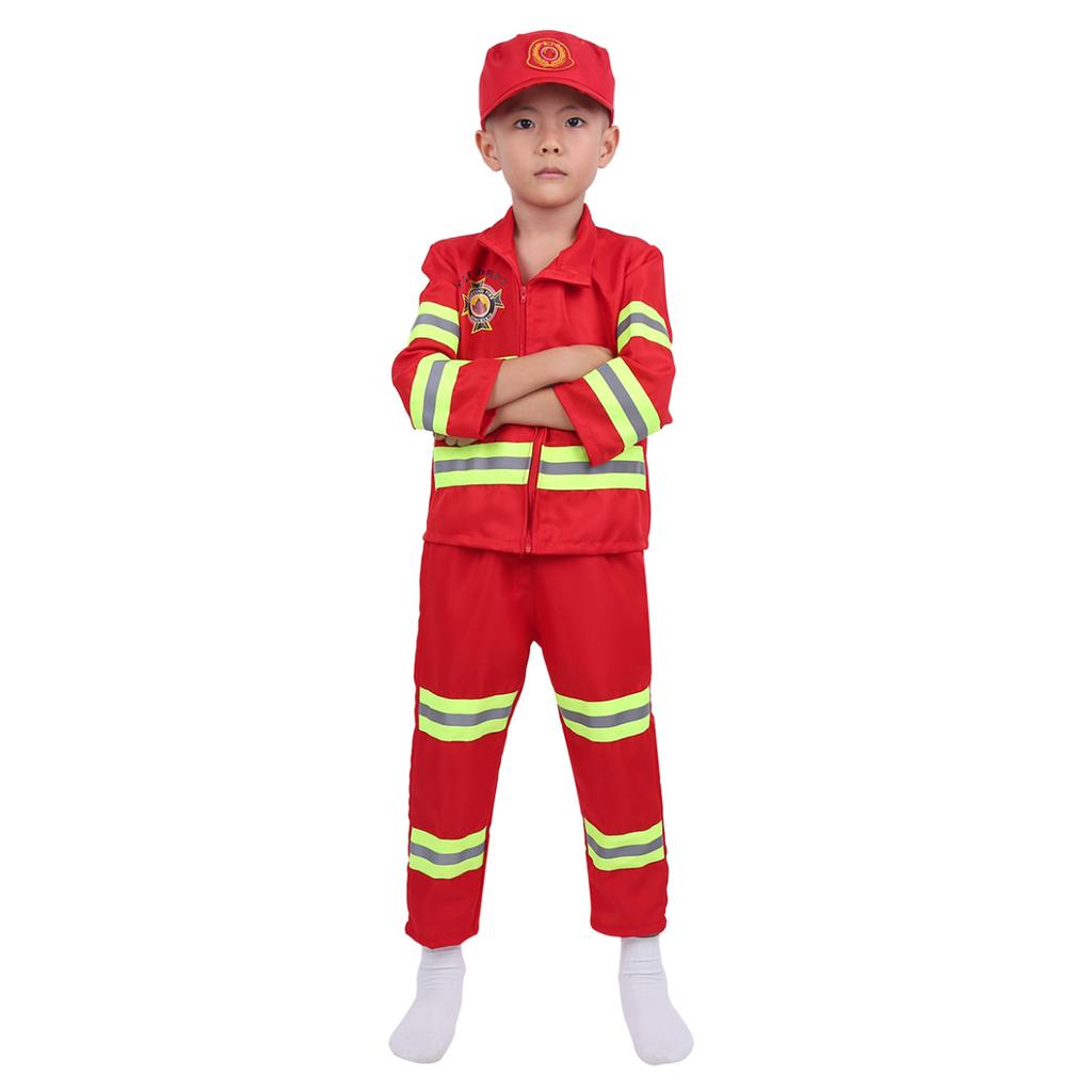 Kids Fireman Costume Set Girls Boys Firefighter Cosplay Fancy Dress Up Thick Jacket Coat With Pants Hat Set