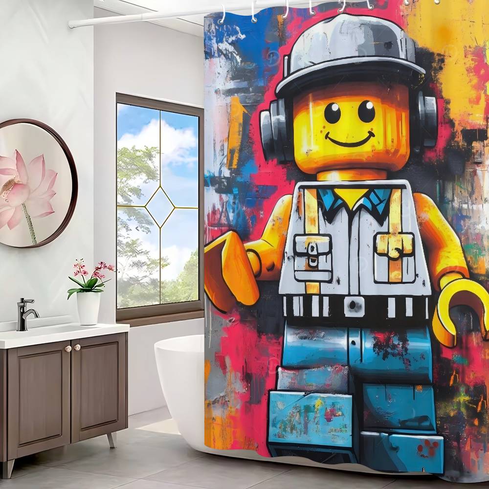 Cartoon Abstract Fun Various Occupations L-Legos Shower Curtain, Bathroom Decorative Shower Curtain, Waterproof Shower With Hook