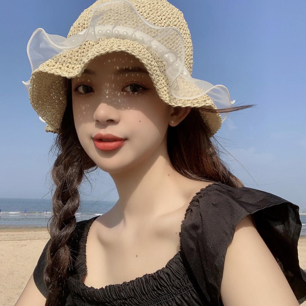 Pearl straw hat summer travel sunscreen sunshade bucket hat new straw seaside vacation net red hat