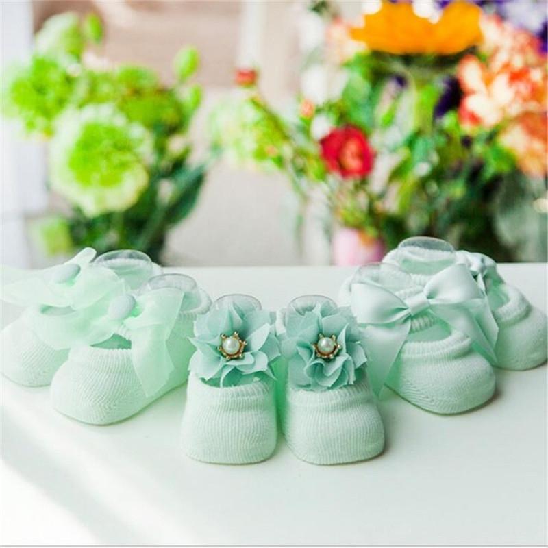 

3 пары/лот, носки с кружевным цветком для новорожденных, хлопковые Нескользящие детские носки-тапочки с бантом, носки для маленьких девочек, весна-лето, подарок для девочек sokken S (0-1 Years) зелёный