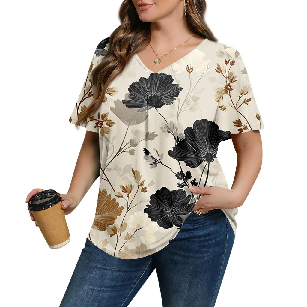 Women's Plus Size Fashionable Casual Loose-Fit Short Sleeve Elegant V Neck Blouse For Work