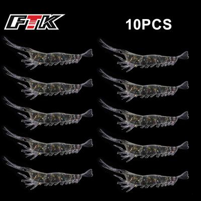 FTK 10Pcs Soft Silicone Simulation Fishing Lure Shrimp Prawn Bait Artificial Trout Bait Fishy Smell Single Hook Bass Tackle Jig