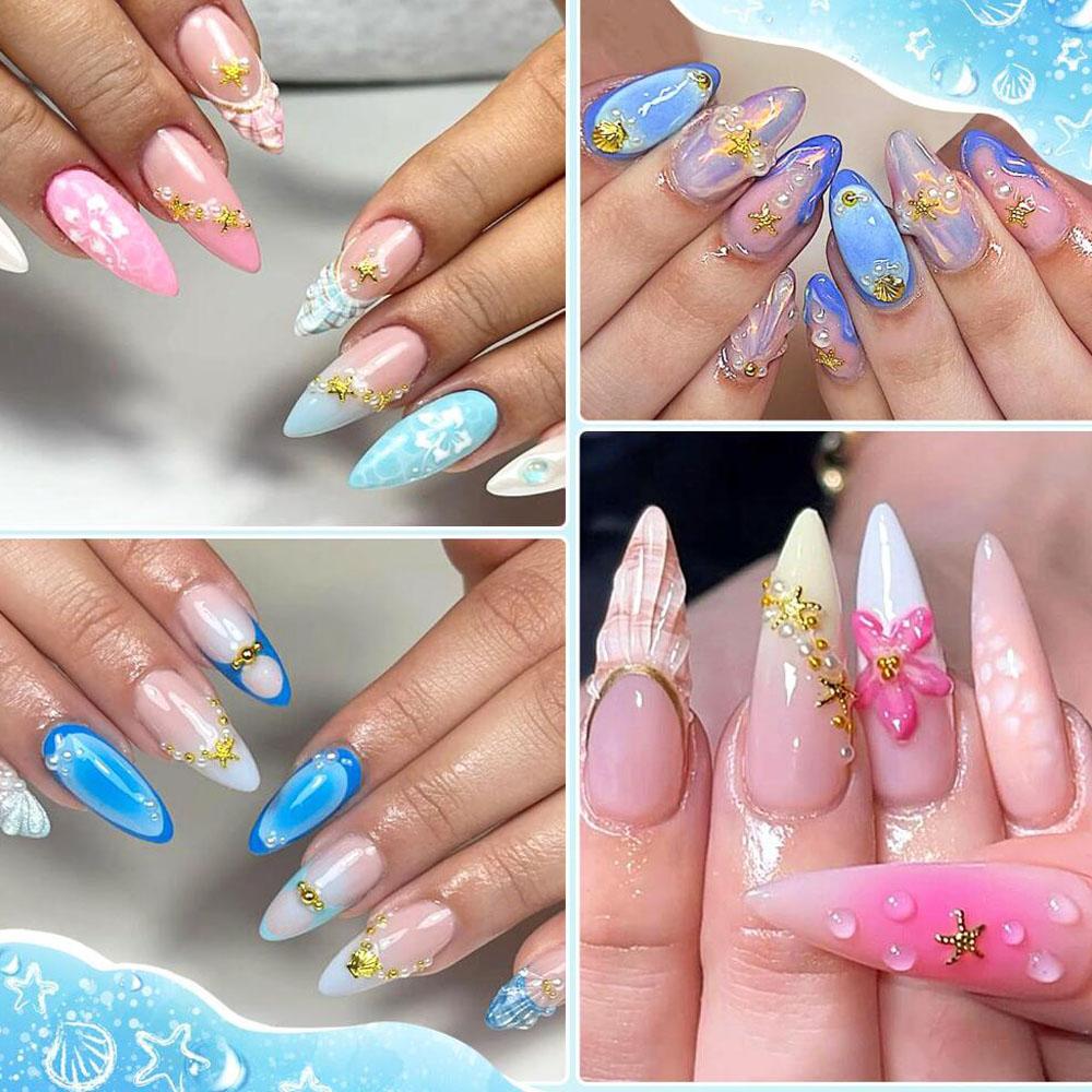 12grids 3D Cute Ocean Theme Nail Rivets Charms Metal Gold Shell/Starfish/Conch/Turtle Nail Studs Flatback Manicure Nail Supplies