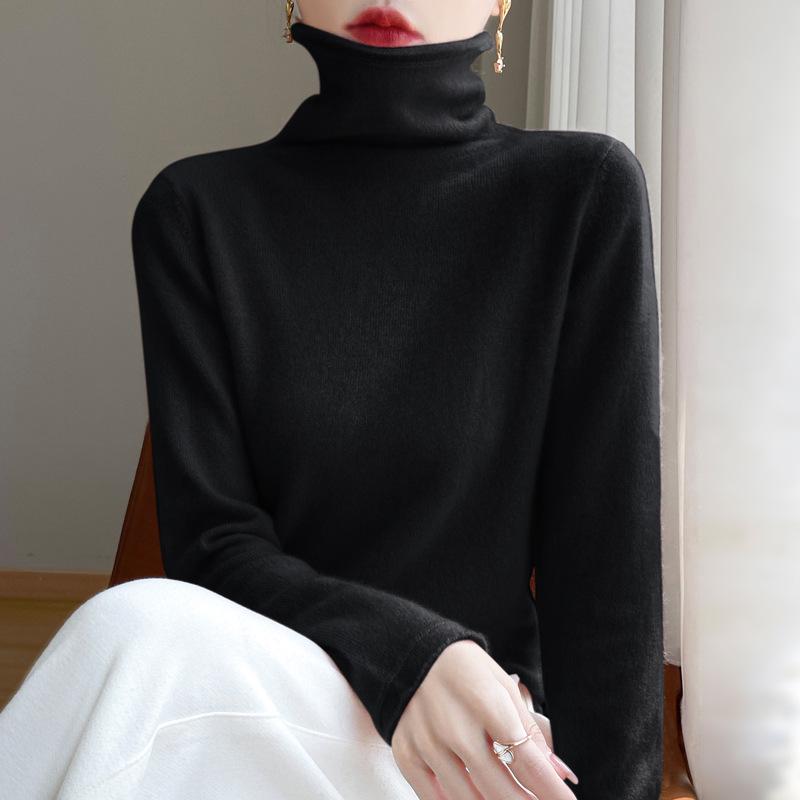 Women's 100% Wool Rolled Edge Turtleneck Sweater - Loose Fit Pullover Knit Base Layer