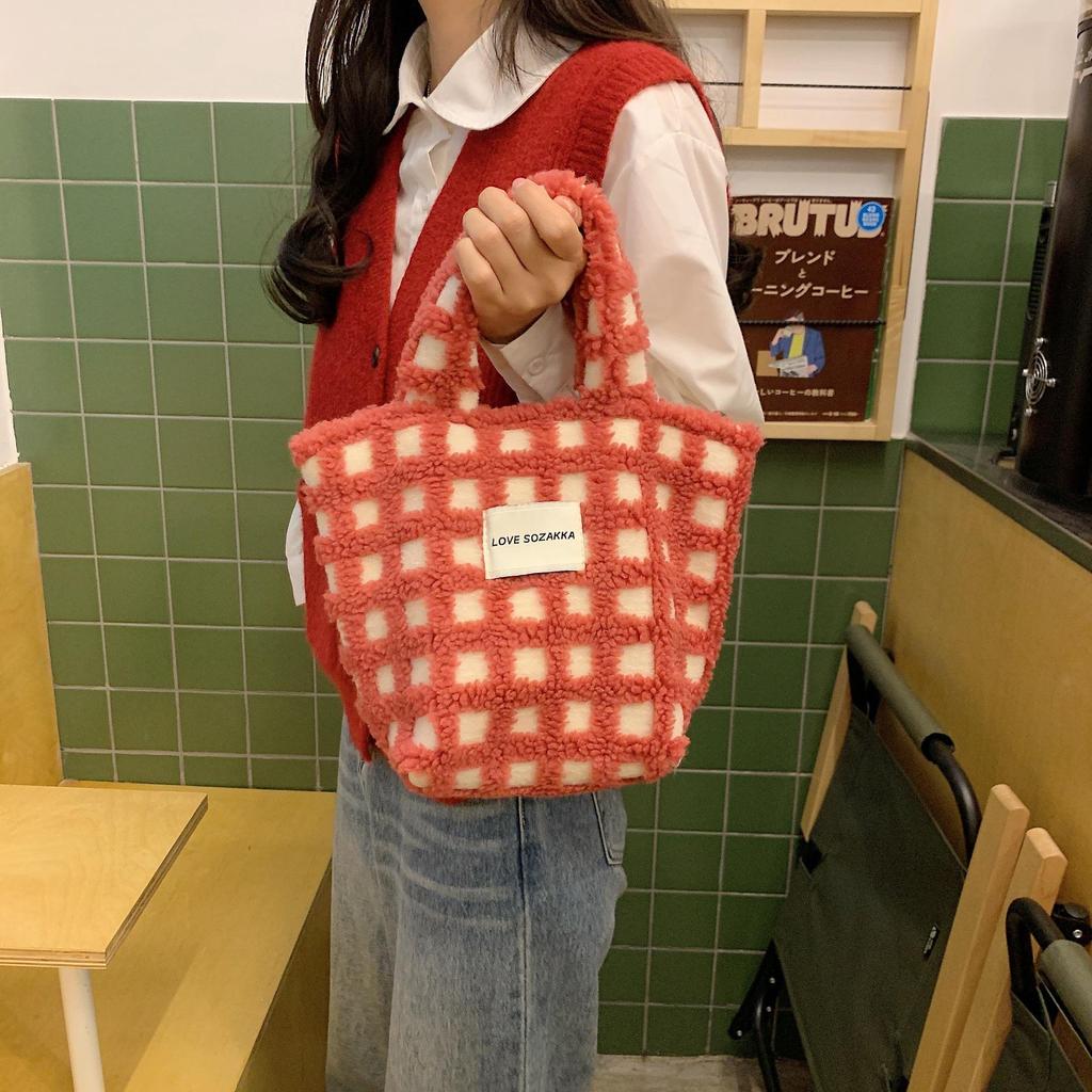 Jesienno-zimowa gofra z włosia jagnięcego Śliczna podręczna torba z grubej bawełny Damska przenośna torebka o dużej pojemności