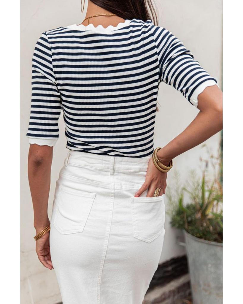 Azura Exchange Black Striped Contrast Scallop Trim Half Sleeve T-shirt