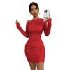 2025 European and American Fashion and Sexy Pleated Slim-fitting Long-sleeved Hip-wrapped Diagonal Neck Solid Color Dress Women's Clothing