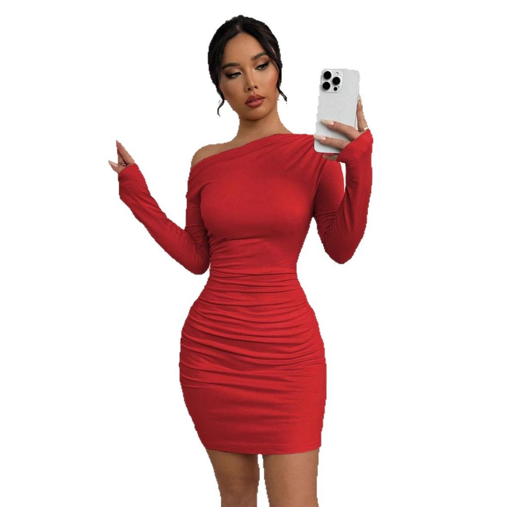 2025 European and American Fashion and Sexy Pleated Slim-fitting Long-sleeved Hip-wrapped Diagonal Neck Solid Color Dress Women's Clothing