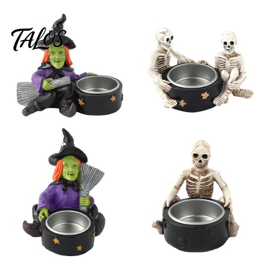Halloween Skull Candlestick Holder Witch Resin Candle Holder, Spooky Star Cup Tealight Stand Decorative with Metal Heatproof Liner, Gothic Tabletop