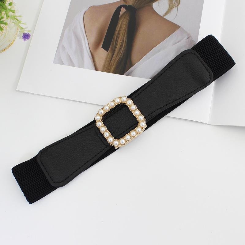 

Квадратная пряжка с инкрустацией жемчугом, эластичный ремень, женское украшение для платья, эластичный тонкий пояс, три размера 85cm чёрный