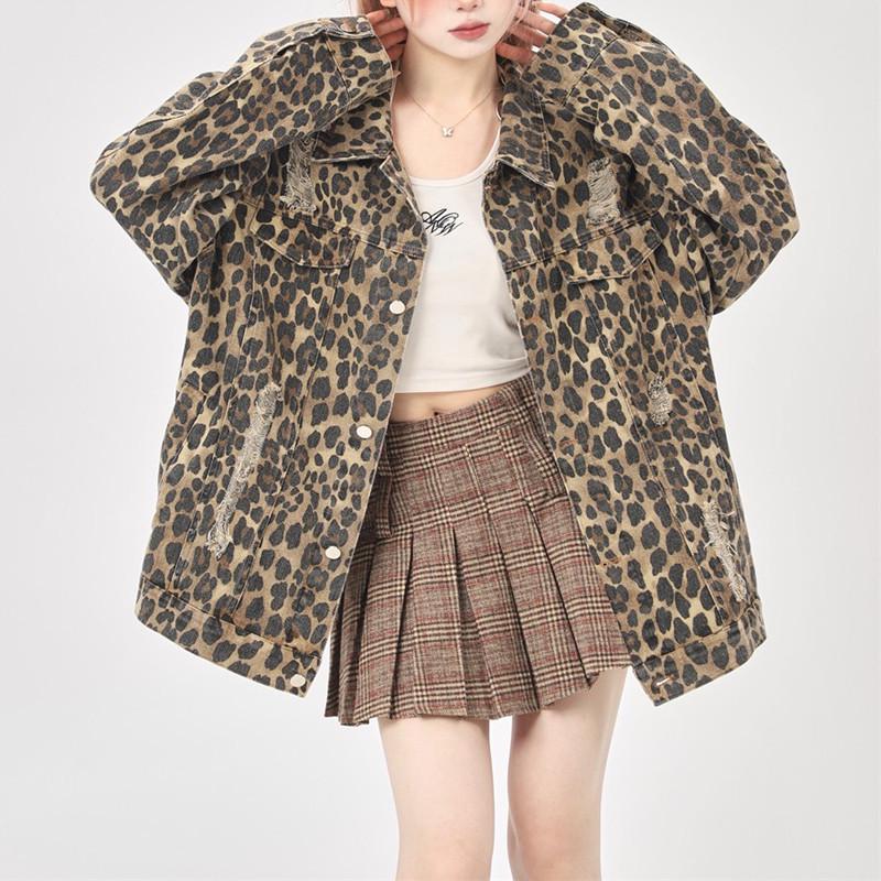 Unisex Leopard Print Denim Jacket - Trendy Turn-Down Collar for Spring and Autumn Workwear