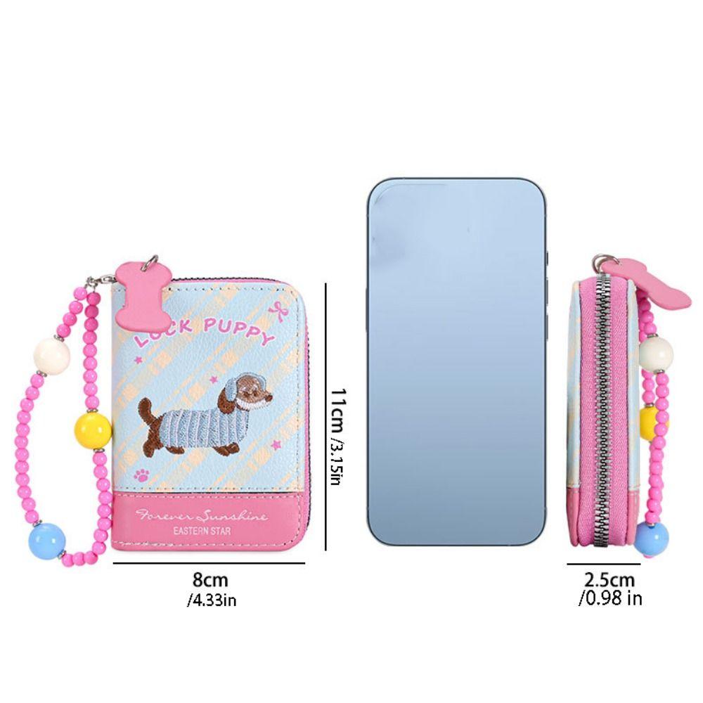 Portable Embroidery Dachshund Dog Wallet Phone Pendant PU Leather Sausage Dog Organ Card Bag Beaded Chain Cute