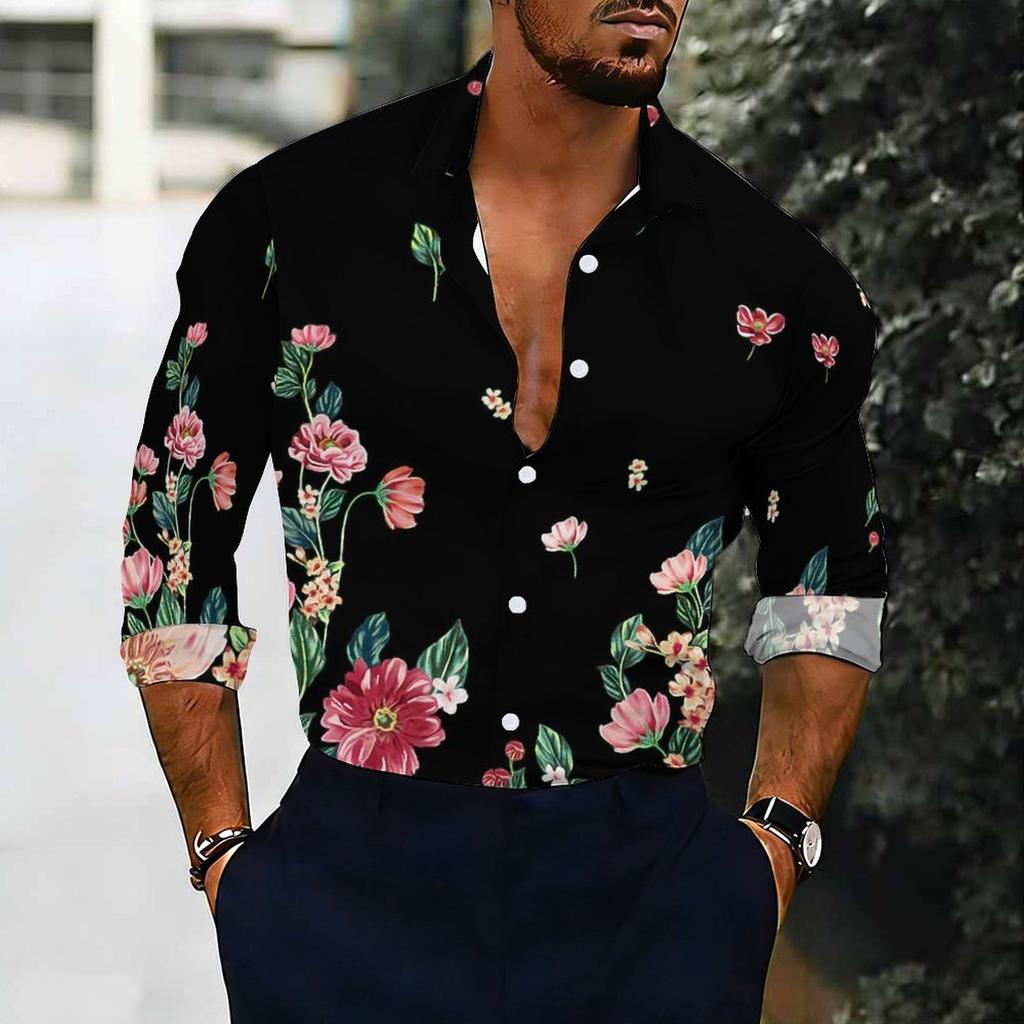 Camisa de Hombre con Cuello Blanco Multicolor Acuarela Hierba Silvestre Estampado Floral Manga Larga Botones Arriba