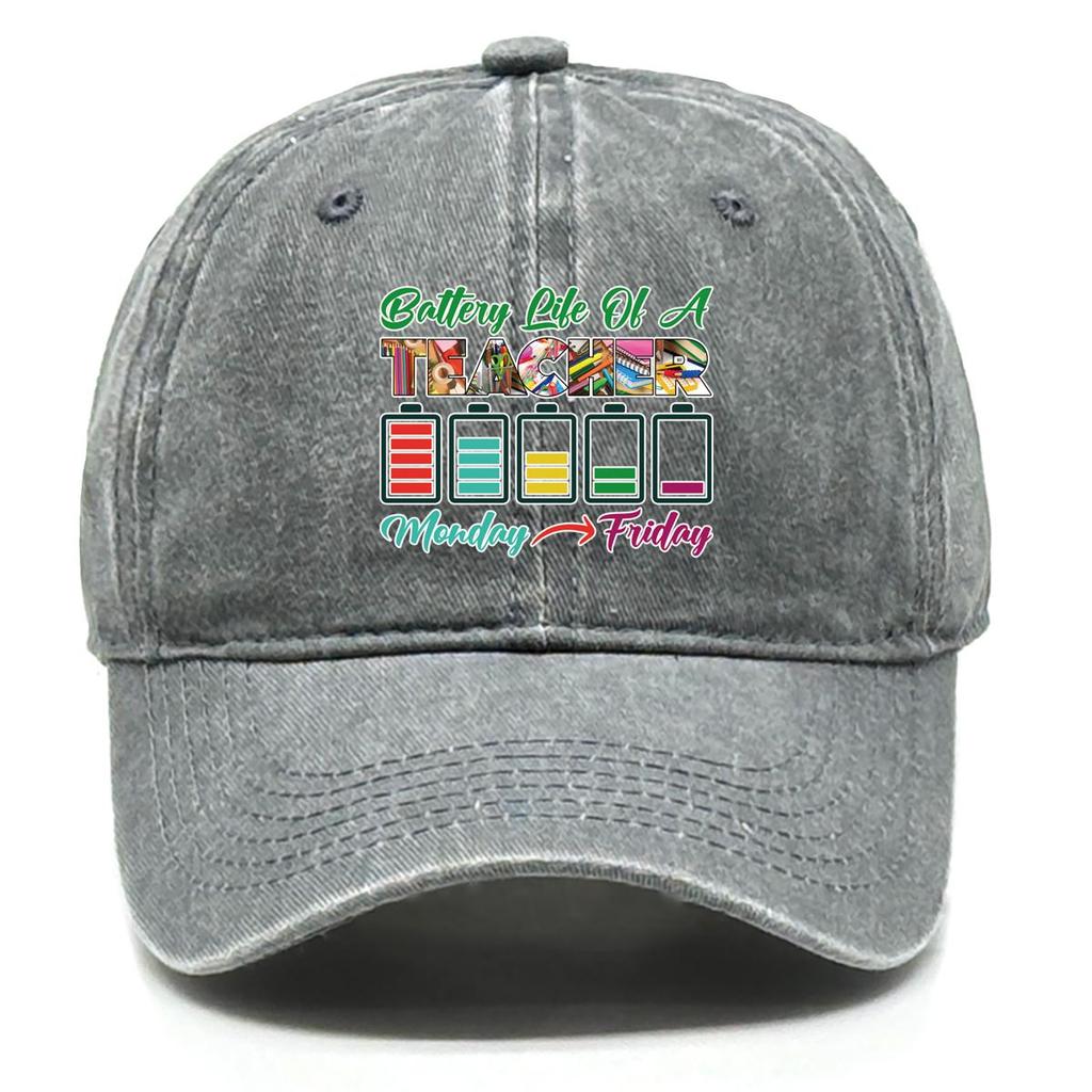 Battery Life Of A TEACHER" Print Adjustable Sun Hat, "Monday-Friday" Flat Cap Retro Non-Stretch Fabric Unisex Breathable Snapback Baseball Hat
